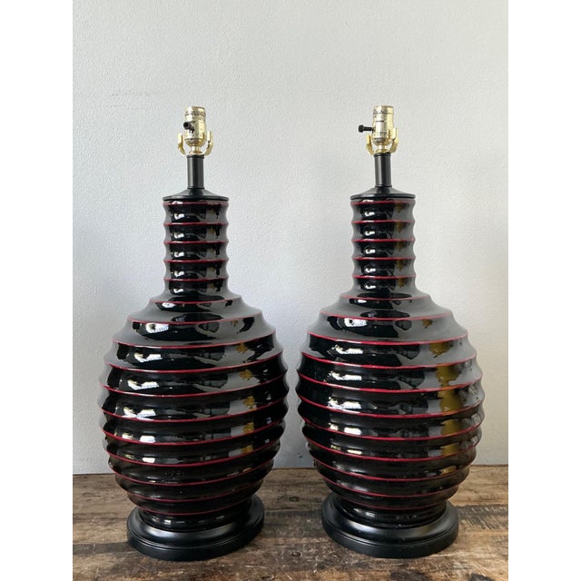 Vintage Glazed Ceramic Ribbed Table Lamps - A Pair For Sale - Image 9 of 13