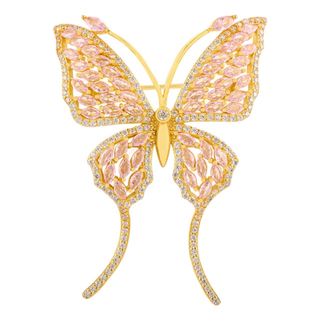 Yellow Gold Butterfly Brooch in 925 Silver Adorned With Marquise Cut Pink Cz Diamonds For Sale