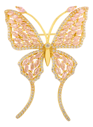 Yellow Gold Butterfly Brooch in 925 Silver Adorned With Marquise Cut Pink Cz Diamonds