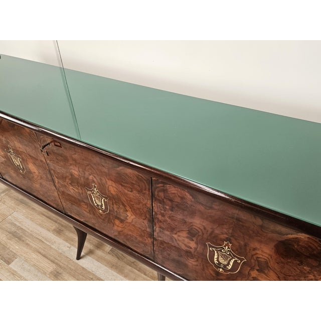 Wood Mid-Century Mahogany Sideboard with Teal Glass and Compartments with Drawers, 1950s For Sale - Image 7 of 18