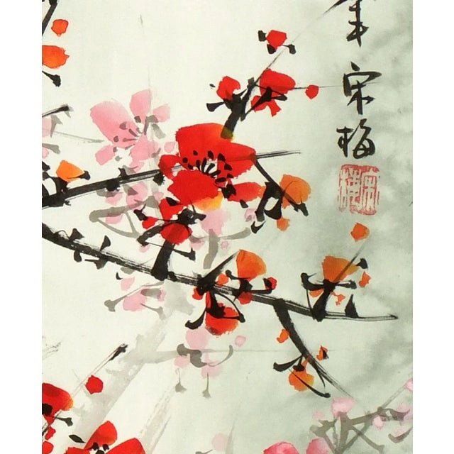 Chinese Chinese Red Plum Blossoms Silk Serigraph For Sale - Image 3 of 5