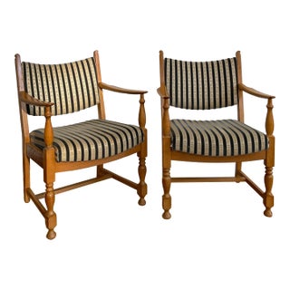 Pair of Mid-Century Scandinavian Modern Beech Lounge Chairs in Striped Upholstery For Sale