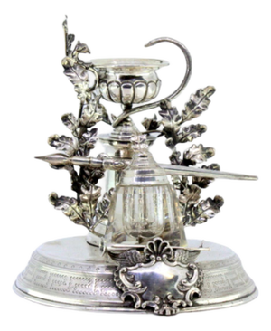 Silver Inkwell with Embossed Floral Motifs, Glass Container, Pharmacy Symbol, Guilloche Base and Pen Holder