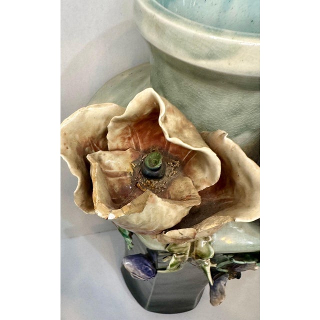 Art Deco Impressive Statement! Antique Art Deco Faience Majolica Vase Decorated With Sculpted Delicate Flowers For Sale - Image 3 of 16