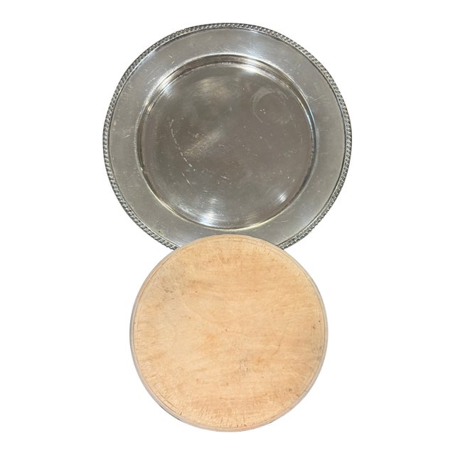 Antique Bread Cutting Board; Wood Surface and Plated Charger For Sale