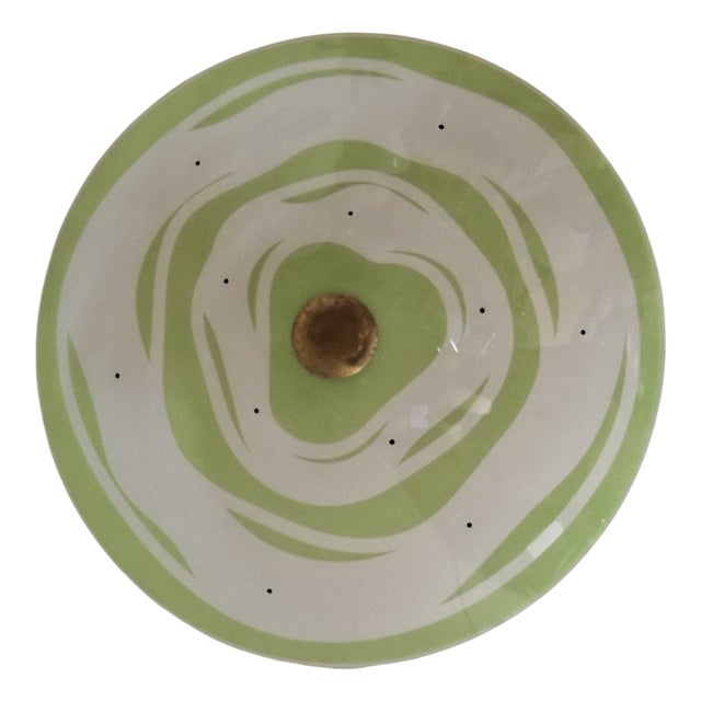 Flat Mid-Century German Ceiling Lamp in the Form of Green Patterned Glass Bowl on Brass Mount, 1950s For Sale