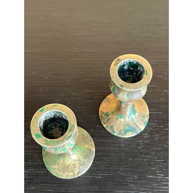 Antique Brass Hand-Spun Candlesticks With Natural Verdigris, Early 20th Century For Sale - Image 10 of 11