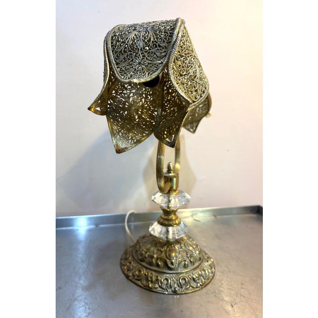 1960s-70s brass filigree/crystal double-tulip table lamp. Excellent condition.