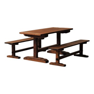 Pine Dining Table and Benches, France, 1970, Set of 3 For Sale