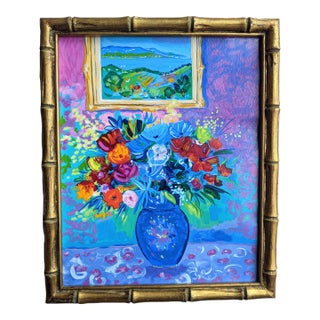 Original Jean-Claude Picot Still Life Botanical Hand Embellished Serigraph in a Faux Bamboo Gilded Gold Frame For Sale