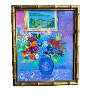 Original Jean-Claude Picot Still Life Botanical Hand Embellished Serigraph in a Faux Bamboo Gilded Gold Frame