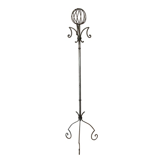 Wrought Iron Coat & Hat Rack Distinctive Spiral Globe Top Tripod Base Brutalist For Sale