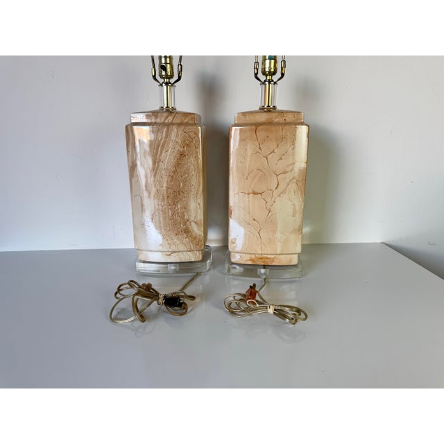 Ceramic 1980's Vintage Bauer Faux Marble Finish Ceramic Table Lamps - a Pair For Sale - Image 7 of 12