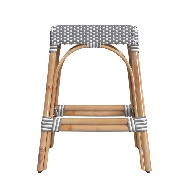 Spritely Home Accent Furniture Robias 24.5 in. Seat Height Rectangular Rattan Backless Counter Stool with Footrest, White/Gray Dot / Natural Rattan Frame For Sale - Image 4 of 7