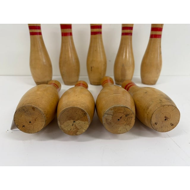 Mid 20th Century Vintage Set of 9 Wooden Bowling Pins For Sale - Image 5 of 6