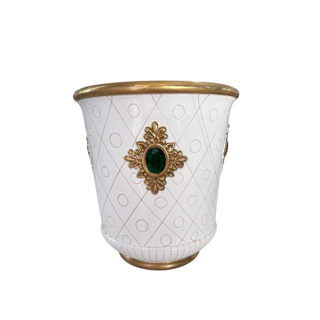 Vintage 1960s Mid Century Hollywood Regency Ugo Zaccagnini Italy Art Pottery White Ceramic & Gold, Green Jeweled Cache Pot...