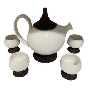 Mid Century Ceramic & Carved Wood Tea Set- 5 Pieces