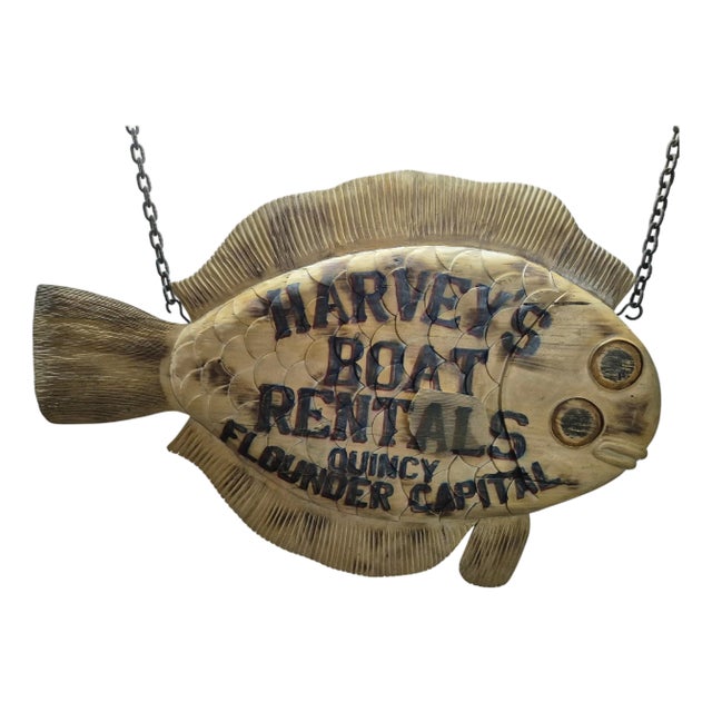 Harvey's Boat Rental Carved Flounder Trade Sign For Sale