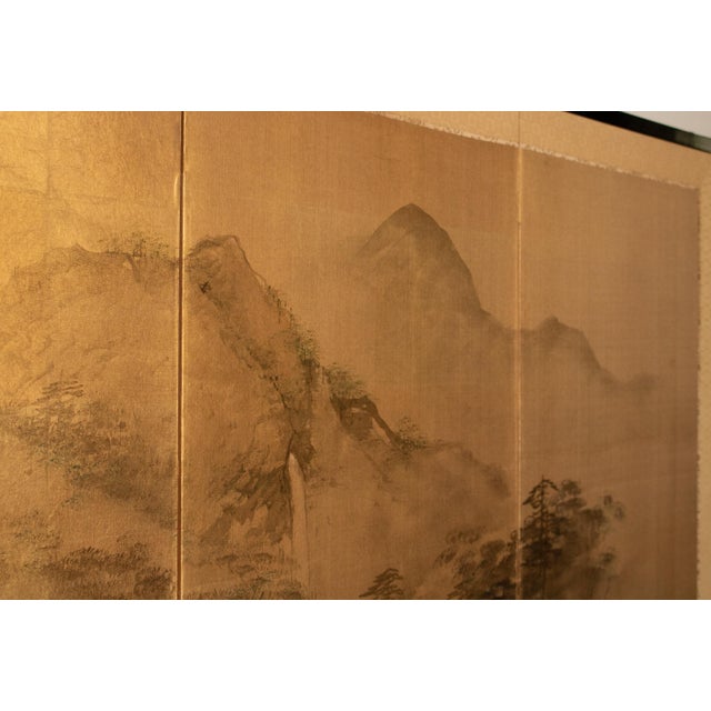 1960s Shōwa Era Japanese Byobu Screen "Landscape With Bridge" on Gold Background For Sale In Dallas - Image 6 of 18