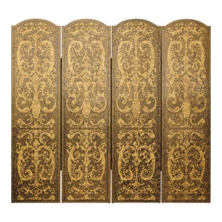 Vintage Four-Panel Screen with Gilt Renaissance-Style Scroll and Urn Motifs For Sale