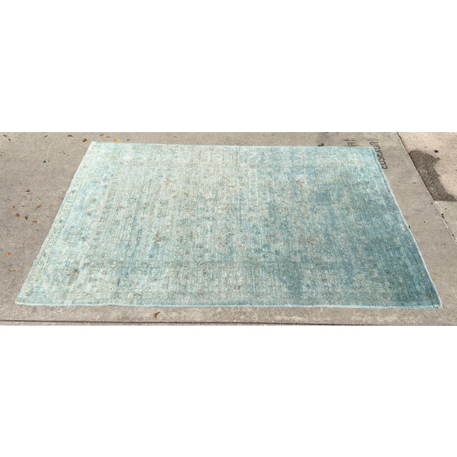 1990s Modern Teal & Beige Traditional Oushak Wool Area Rug For Sale - Image 5 of 5