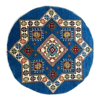 Afghan Tribal Geometric Round Wool Rug 3’3” X 3’3” For Sale