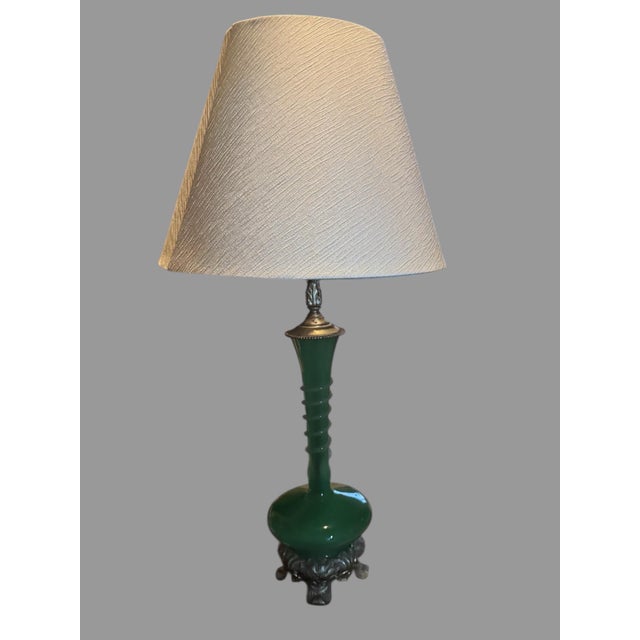 Metal Vintage Jade Green Steuben Art Glass Table Lamp With Applied Decoration For Sale - Image 7 of 11