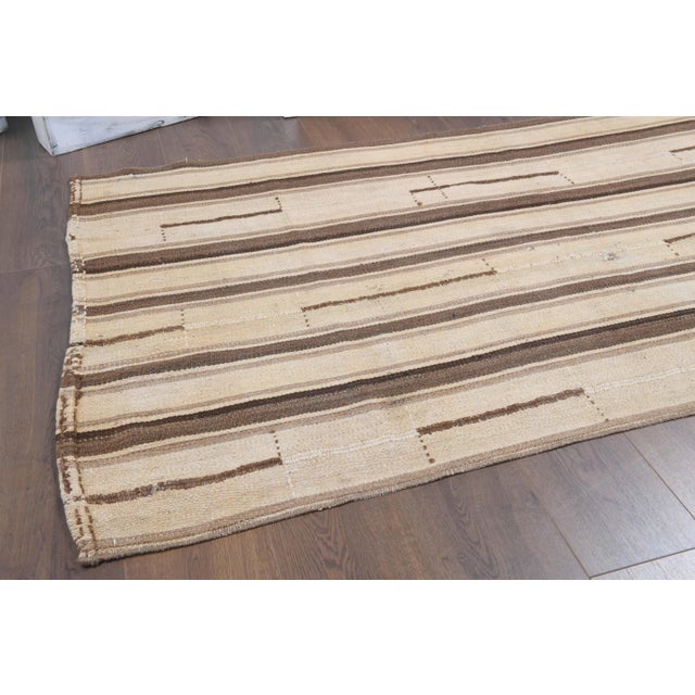 1970s Vintage Turkish Hand-Knotted Wool Cotton Brown Kilim Runner Rug For Sale - Image 5 of 10