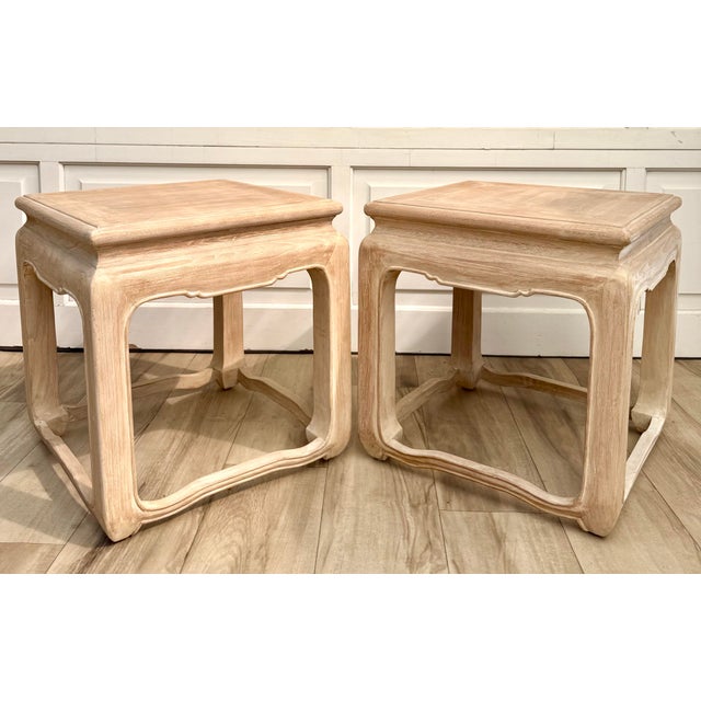 Chinoiserie Pair of Vintage Ming-Style Solid Wood Side Tables in Bleached Whitewash Finish For Sale - Image 3 of 12
