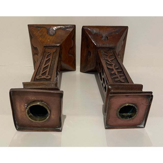 Set of Arts and Crafts Carved Candlesticks For Sale - Image 6 of 8