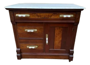Antique Victorian Eastlake Walnut Burl Marble Washstand Chest Cabinet