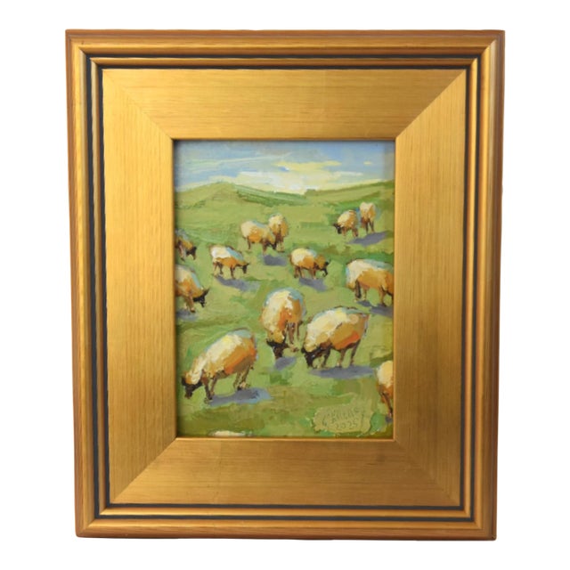 Impressionist Flock Sheep Grazing Oil Painting Including the Antiqued Gold Wood Frame For Sale