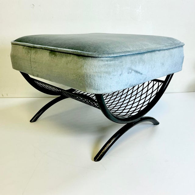 1960s 1960s Vintage Mid-Century Boho Chic Atomic Metal Footstool With Sky Blue Velvet Cushion For Sale - Image 5 of 13