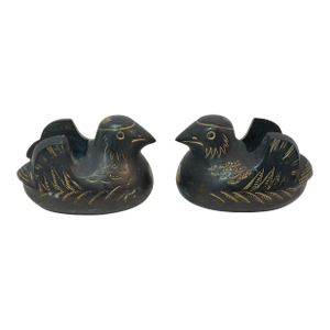 Late 19th Century Meiji Japanese Screen Holders Weights Mandarin Ducks Bronze Gold Gilt - A Pair