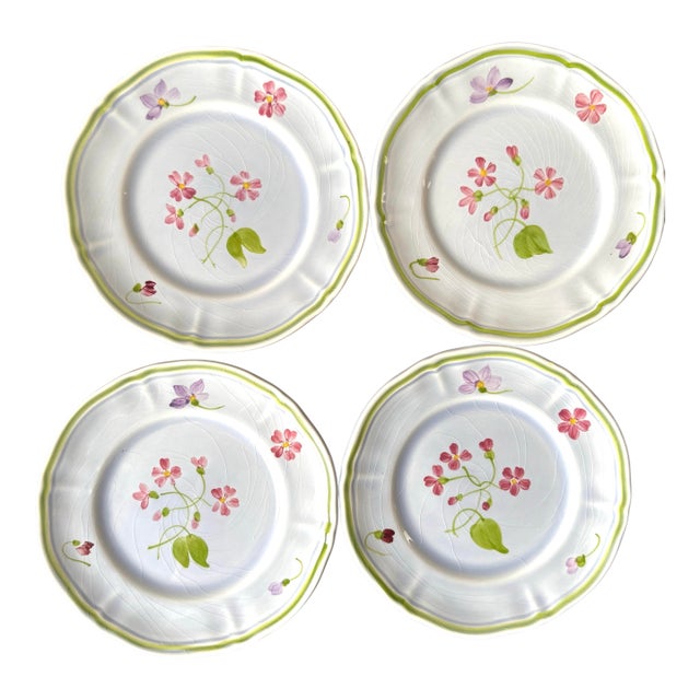 Set of 4 Longchamp France Hand-Painted Floral Bread Plates, French Faience, Peint À La Main For Sale