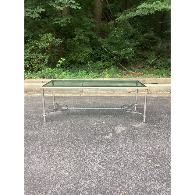 Metal Vintage Maison Jansen Style Steel and Brass Glass Top Coffee Table For Sale - Image 7 of 9
