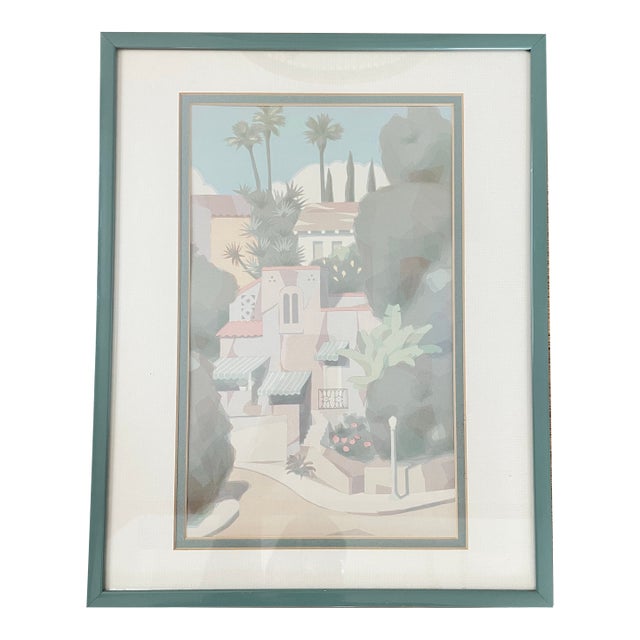 Vintage "Graciosa" Serigraph by William Buffett, Framed 1980s Pastel Mediterranean Cityscape Print For Sale