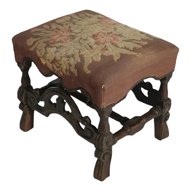 Late 19th Century Antique English Carved Oak Footstool Bench With Floral Tapestry Seat For Sale