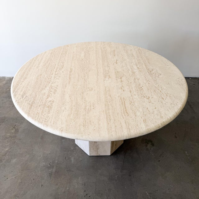 Cream Vintage 1980s Round Travertine Dining Table With Hexagonal Pedestal Base For Sale - Image 8 of 10
