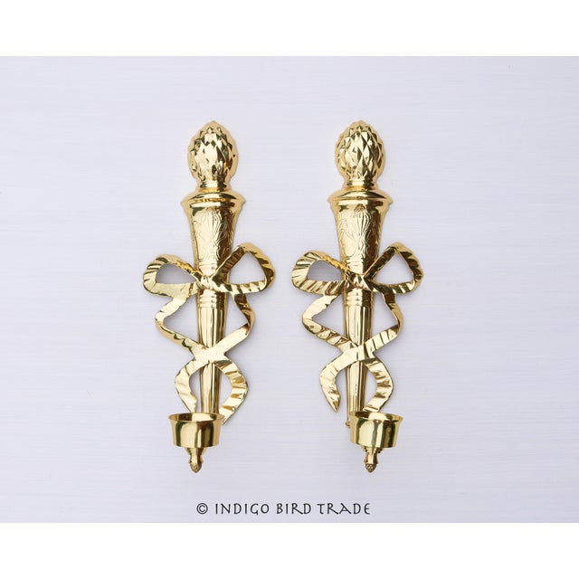 Large Vintage Brass French Style Sconces Ribbon Bow and Pineapple Design - Set of 2 These incredible sconces are made from...