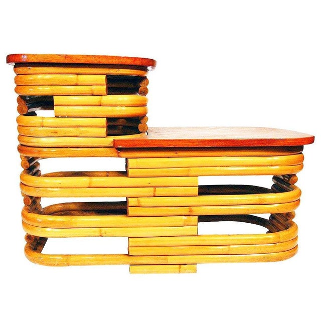 1940s 1940s Restored Stacked Rattan Two-Tier Side Table W/ Mahogany Top, 2 Available For Sale - Image 5 of 6