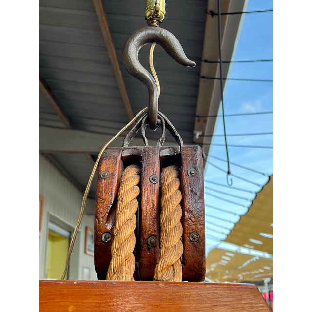 Vintage Double Block & Tackle Rustic Industrial Nautical Lamp For Sale - Image 10 of 12