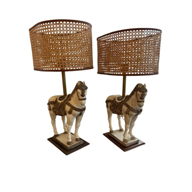 Mid-Century Modern Vintage Horse Table Lamps with Shade, Set of 2 For Sale - Image 3 of 6