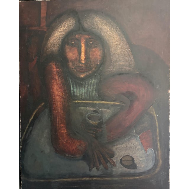 TOMOYSHI MURAYAMA (Japan 1901 - 1977). Rare large-scale oil on canvas painting titled "Portrait at Table." Signed lower...