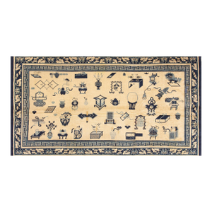 Quintessential Beige Background Color Antique Chinese Ningxia Rug With 100 Antiques Pattern
