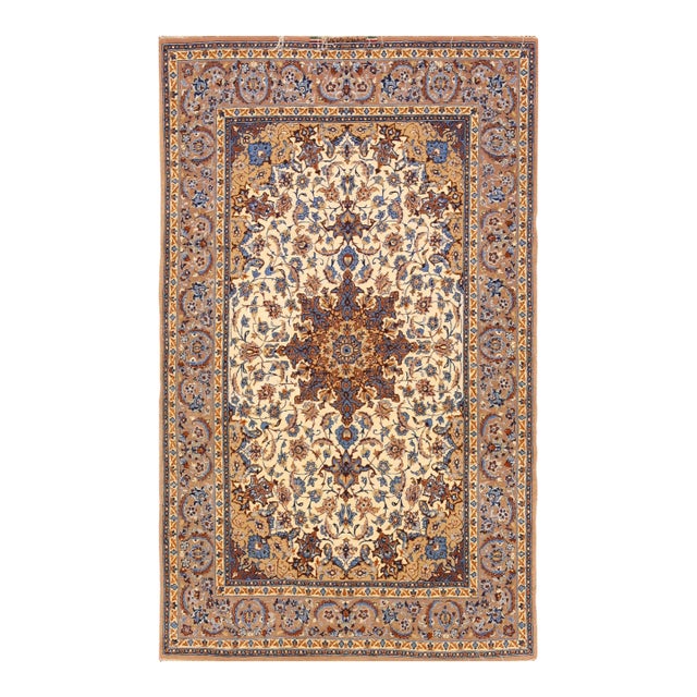 1940s Ivory Medallion Antique Persian Isfahan Rug 5'1" X 8' Handknotted Wool Carpet For Sale