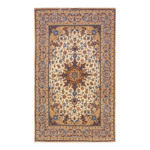 1940s Ivory Medallion Antique Persian Isfahan Rug 5'1" X 8' Handknotted Wool Carpet