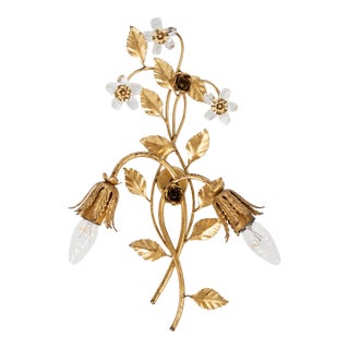 1960s Italian Florentine Gilt Metal Floral 2-Light Wall Sconce With Crystals For Sale