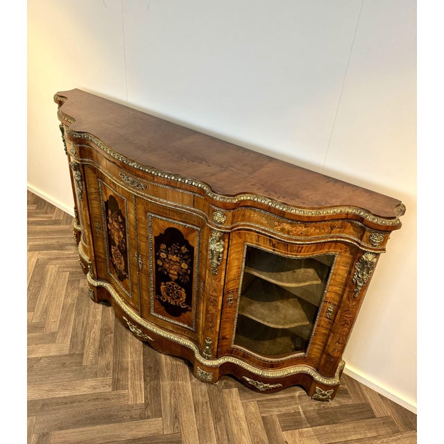 Metal Antique Victorian Walnut Marquetry Inlaid Credenzas, 1880s, Set of 2 For Sale - Image 7 of 18