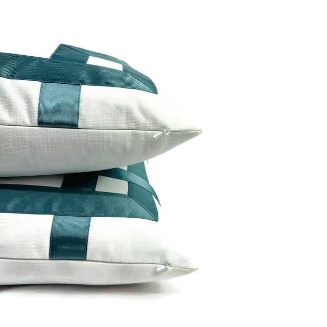Contemporary White With Dark Smokey Blue Ribbon Embellished Pillow Cover - 20" X 20" Fretwork Greek Key Ribbon Cushion Case For Sale - Image 3 of 8